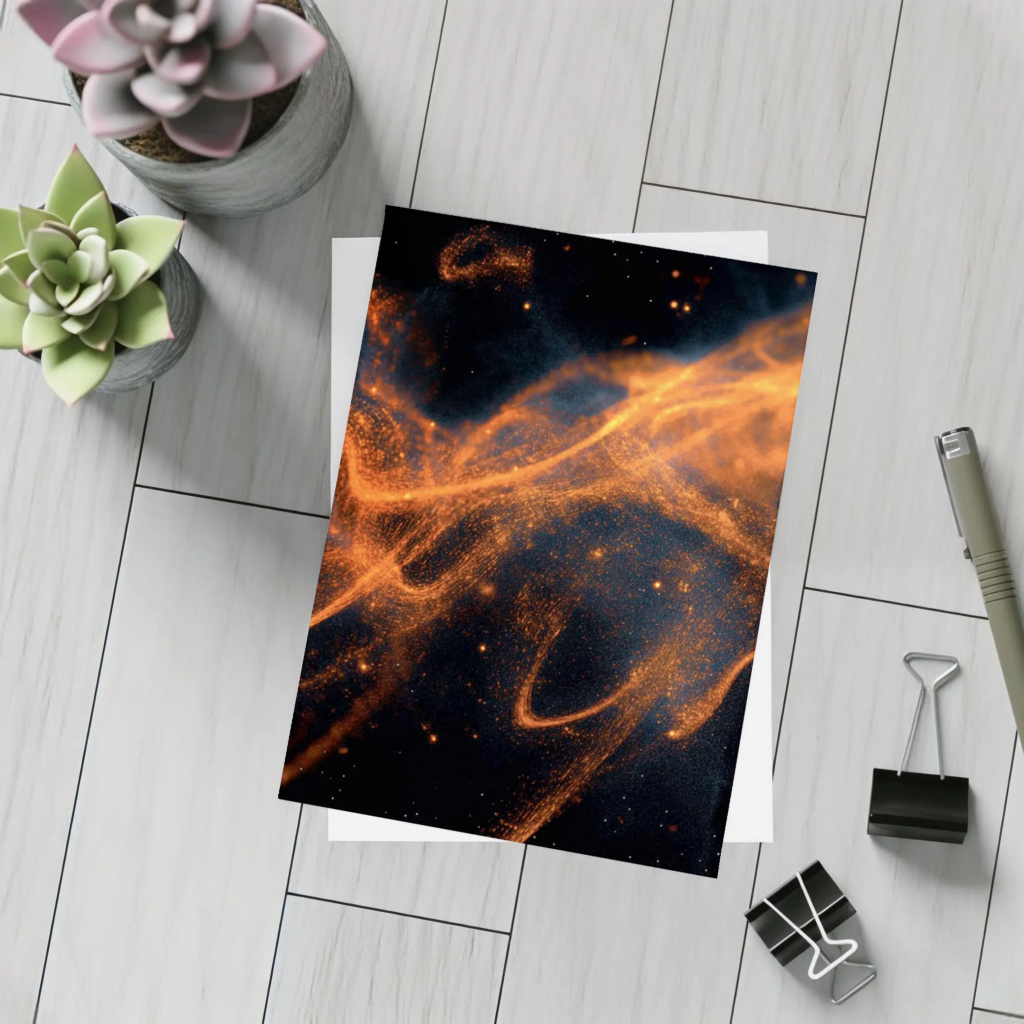 Orange Fire Particles Flowing Dark Space – Postcards