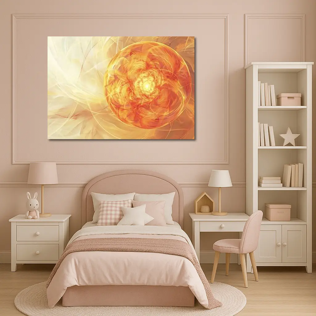Golden Fractal Orb Swirling Orange Abstract – Wall Art