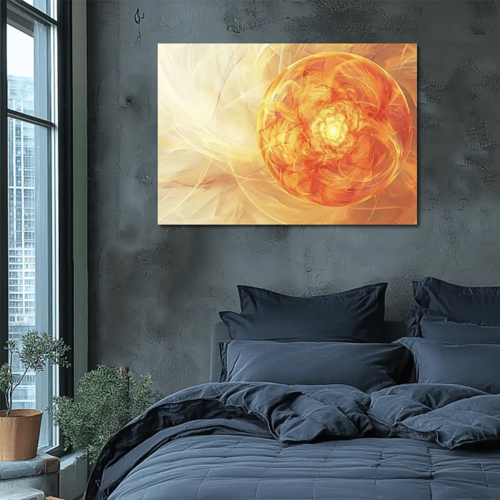 Golden Fractal Orb Swirling Orange Abstract – Wall Art