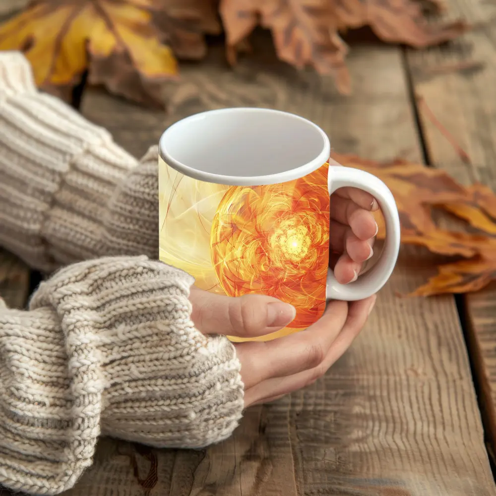 Golden Fractal Orb Swirling Orange Abstract – Mugs