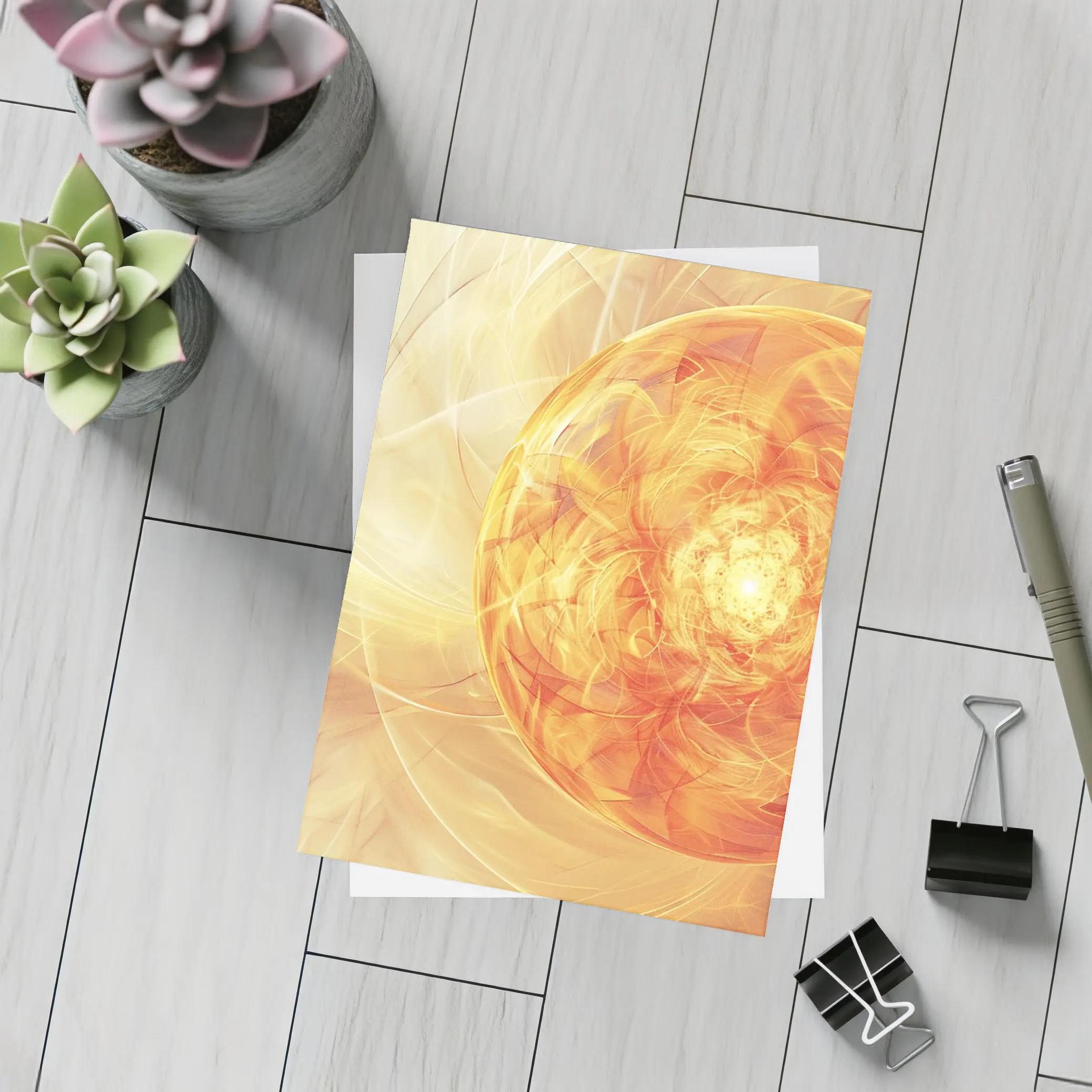 Golden Fractal Orb Swirling Orange Abstract – Postcards