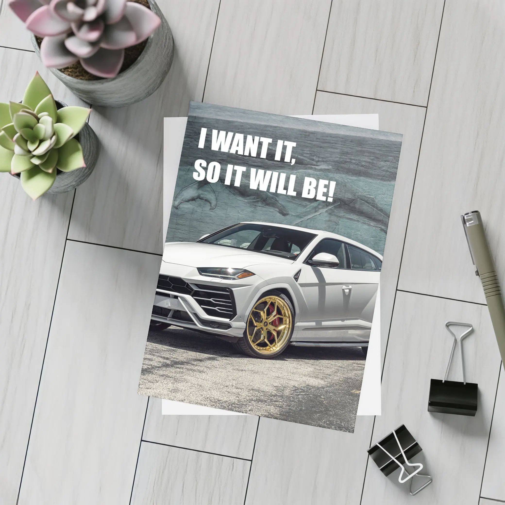 White Lamborghini Urus Gold Wheels Motivation Quote – Postcards