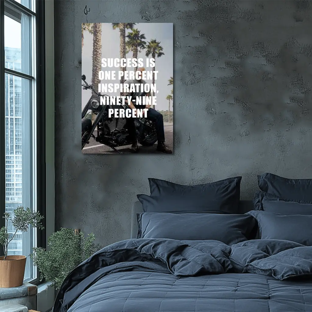 Success Quote Man on Motorcycle Palm Trees – Wall Art