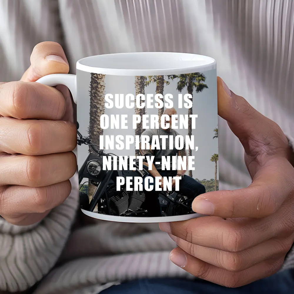 Success Quote Man on Motorcycle Palm Trees – Mugs
