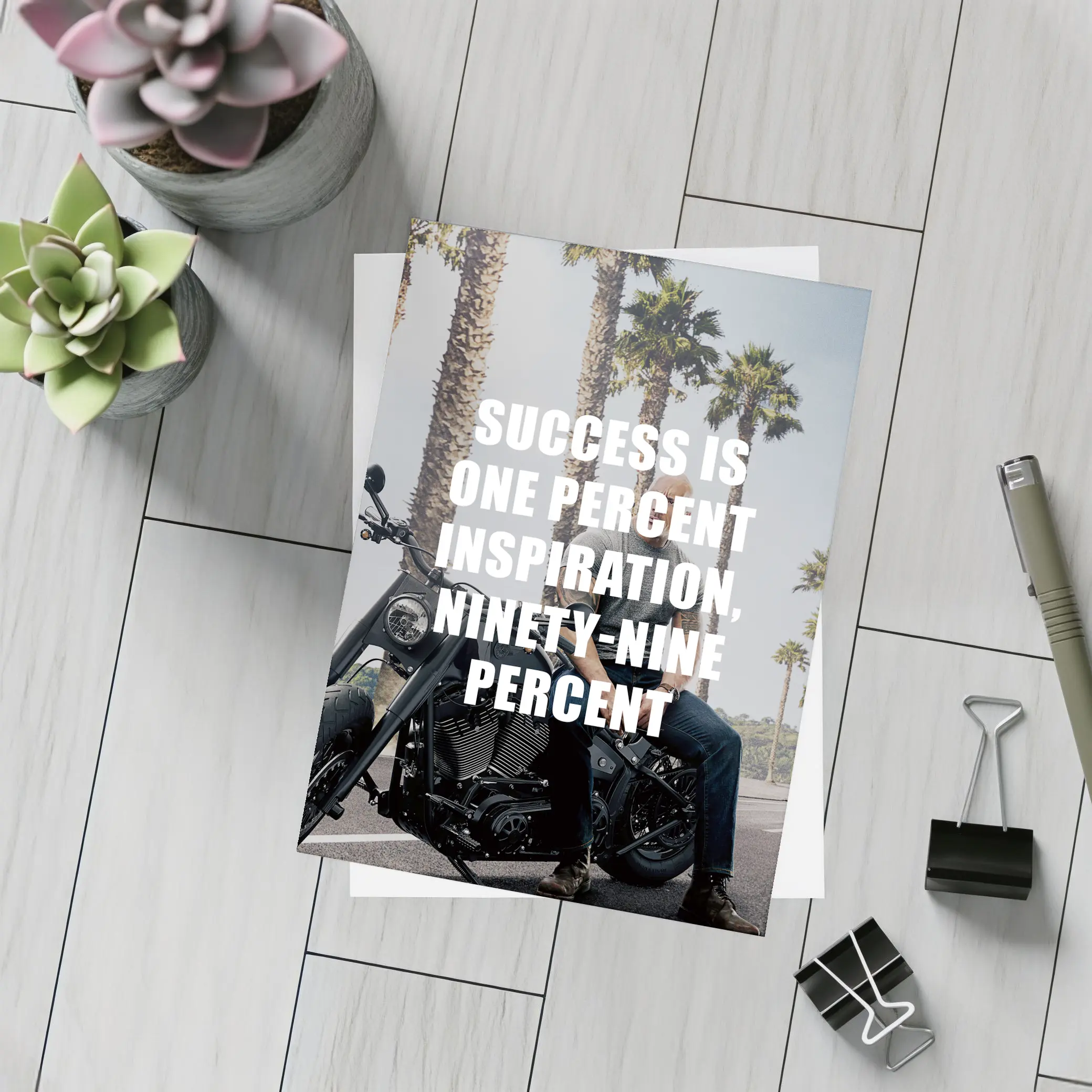 Success Quote Man on Motorcycle Palm Trees – Postcards