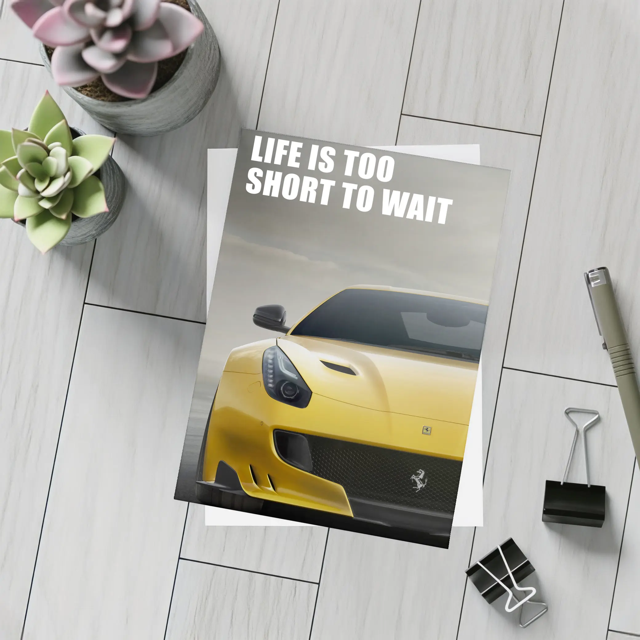 Ferrari F12 Yellow Life Is Too Short – Postcards