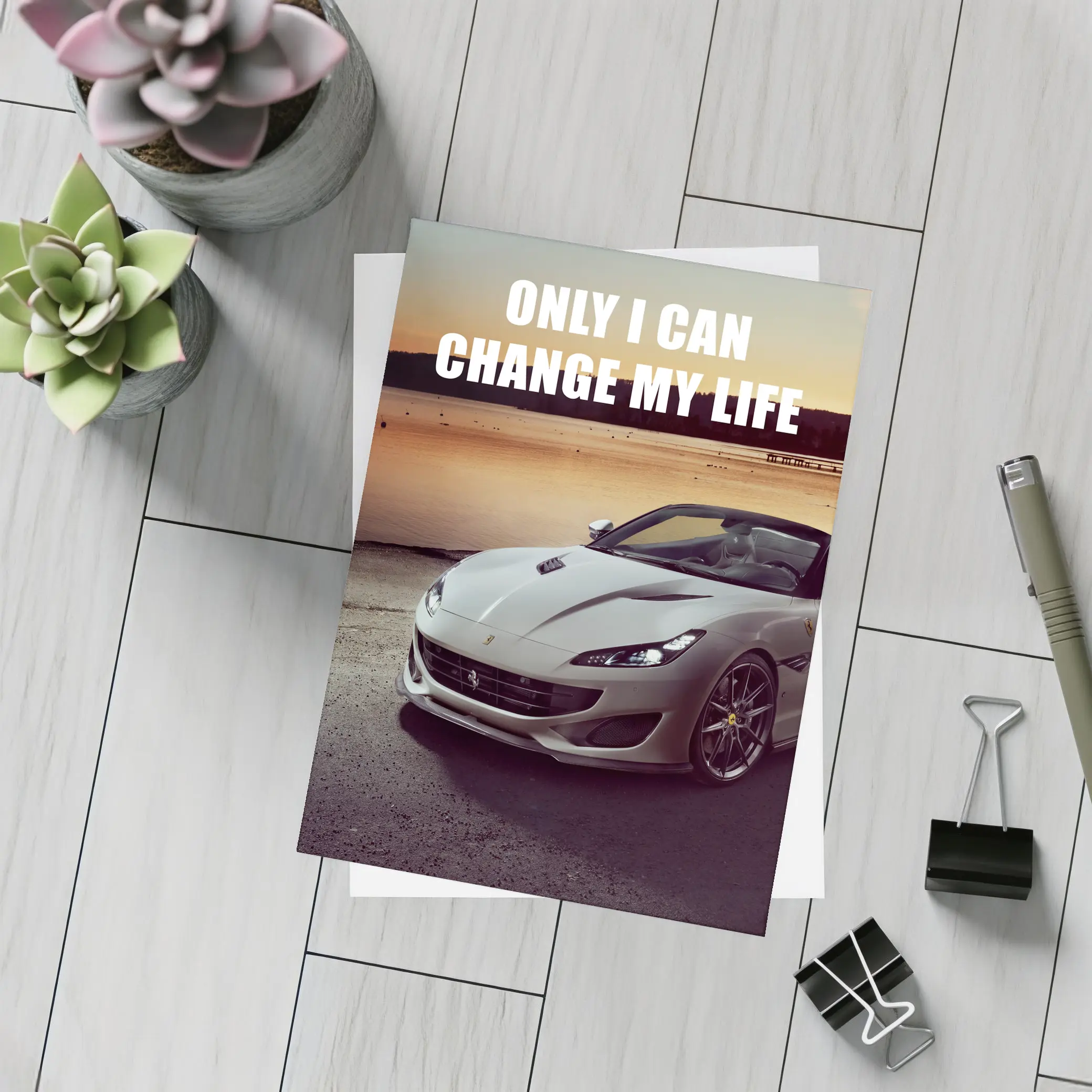 Ferrari Portofino White Car Sunset Motivational – Postcards