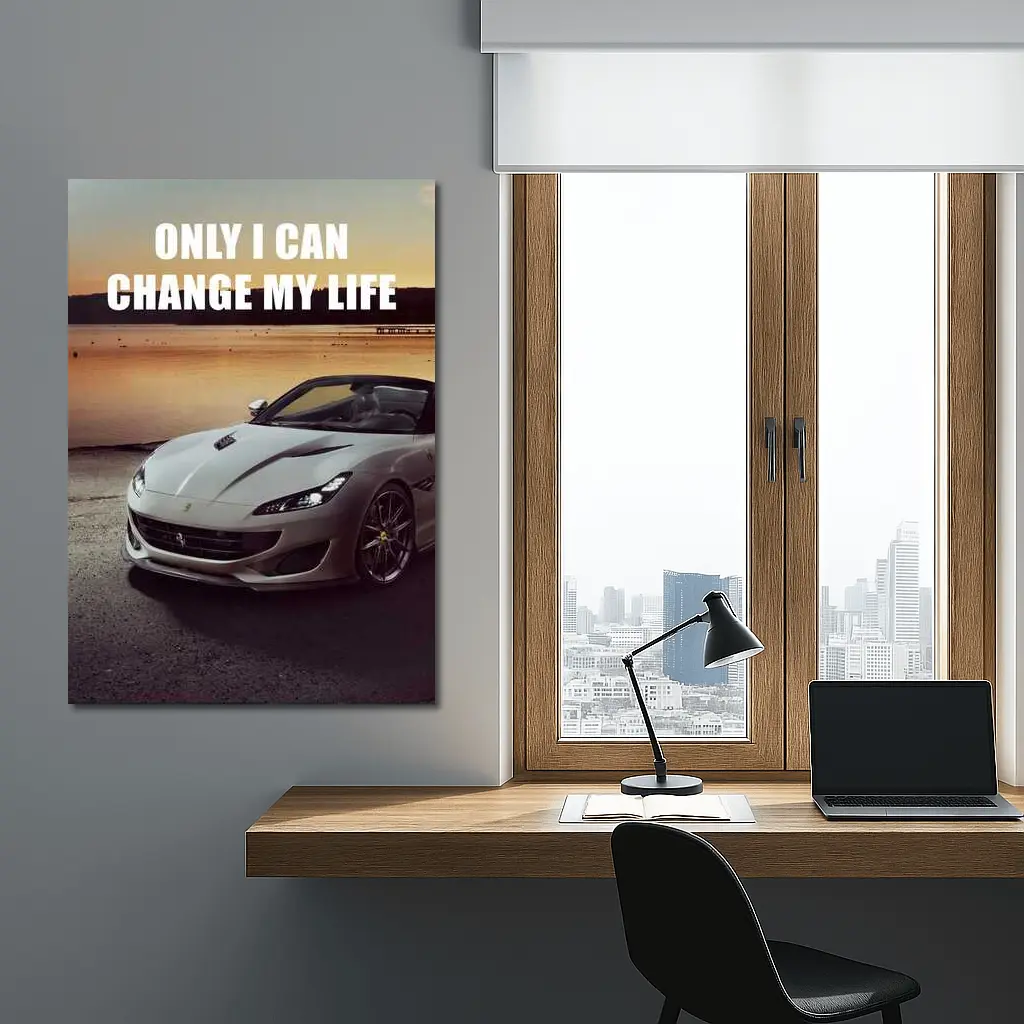 Ferrari Portofino White Car Sunset Motivational – Wall Art