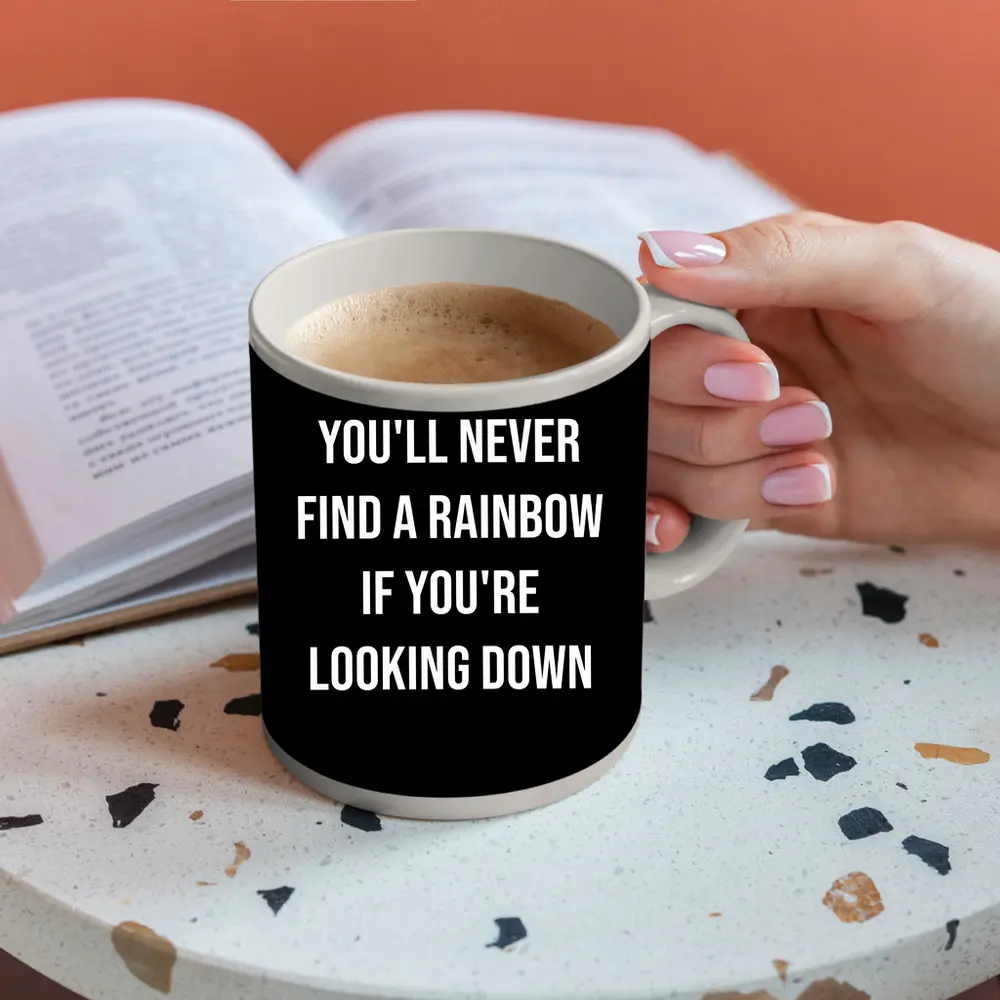 Rainbow Quote Bold White Black Background – Mugs