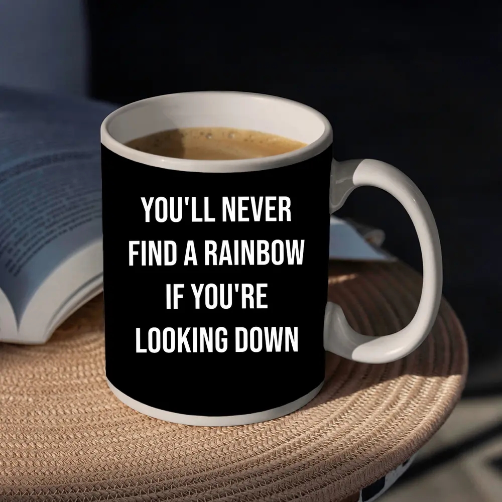 Rainbow Quote Bold White Black Background – Mugs