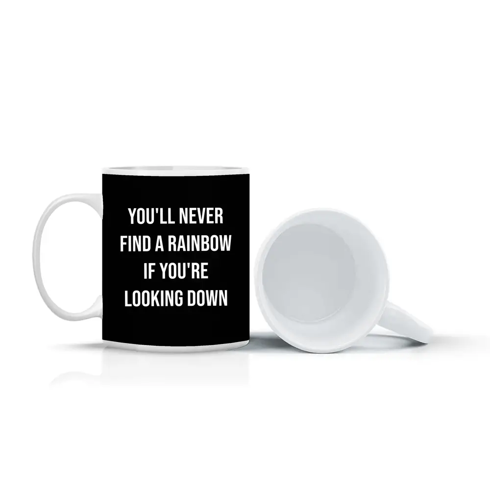 Rainbow Quote Bold White Black Background – Mugs