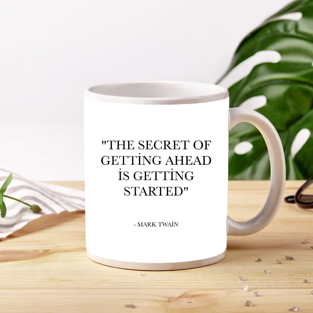 Mark Twain Getting Started Quote Black White – Mugs