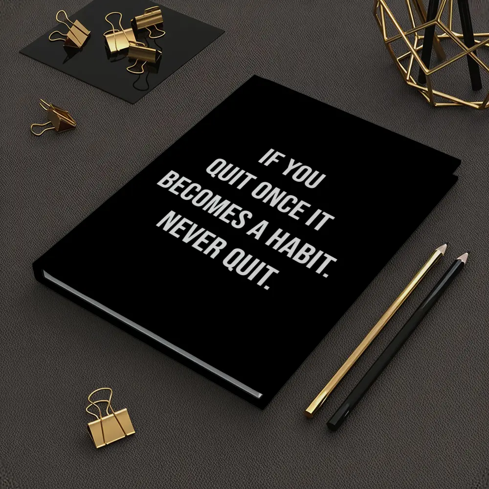 Never Quit Motivational Quote Black Background – Notebooks