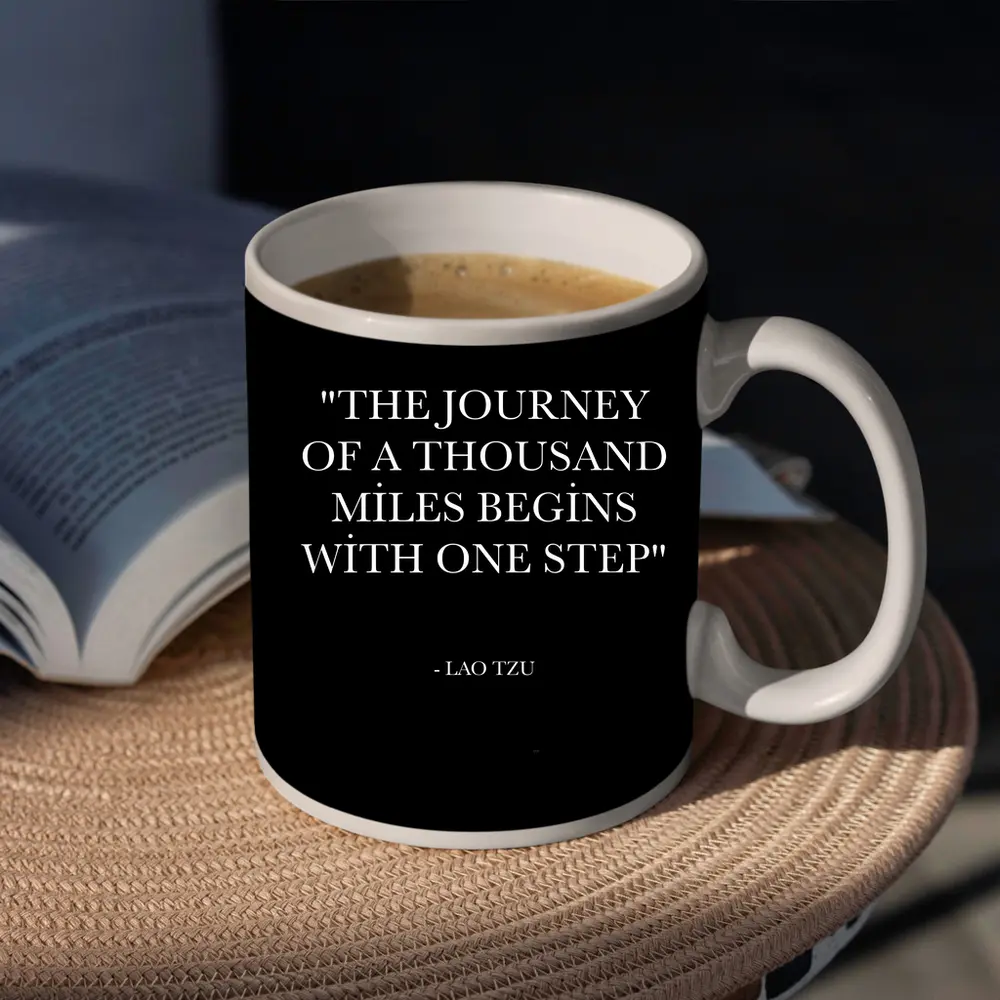 Lao Tzu Journey Quote Black Background – Mugs