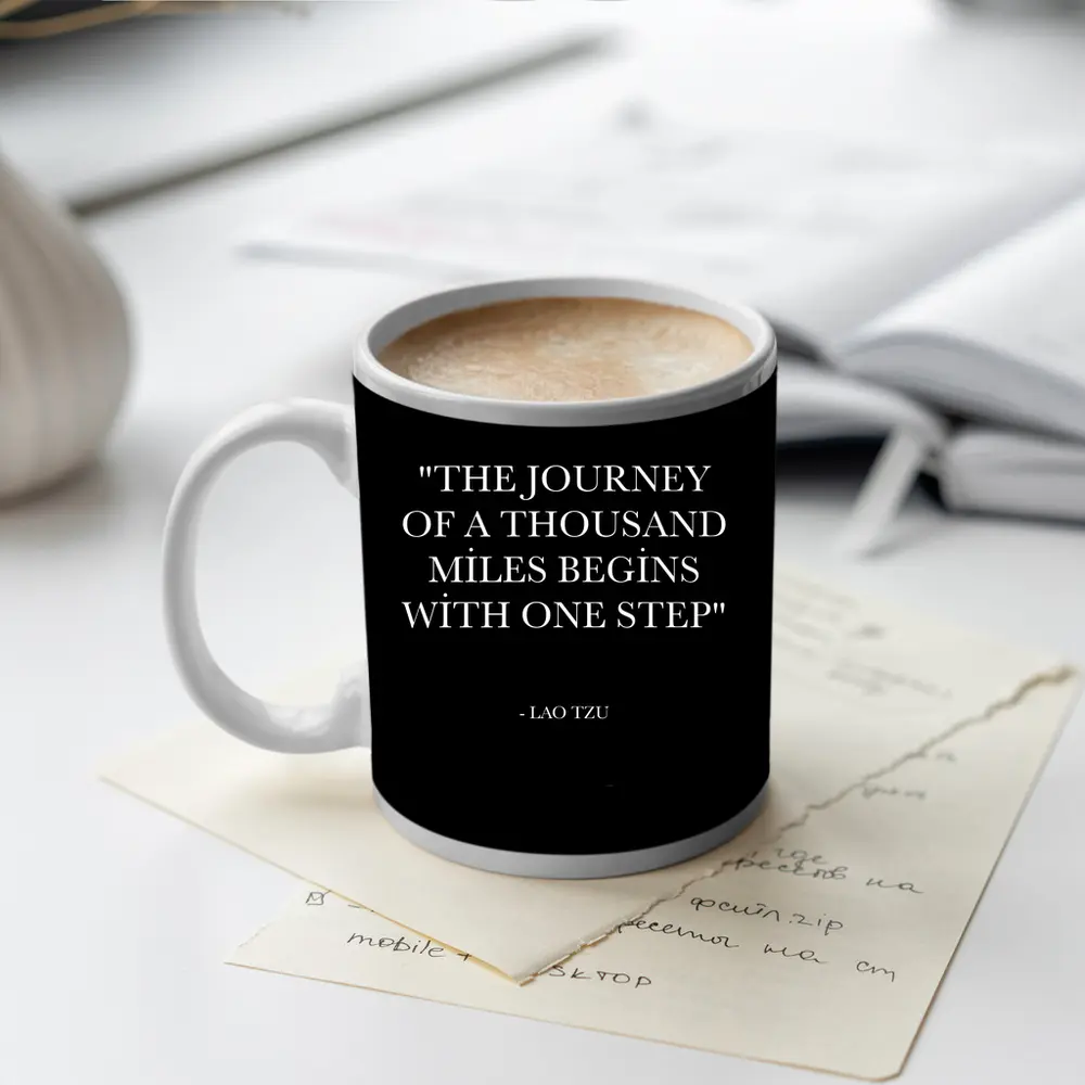 Lao Tzu Journey Quote Black Background – Mugs