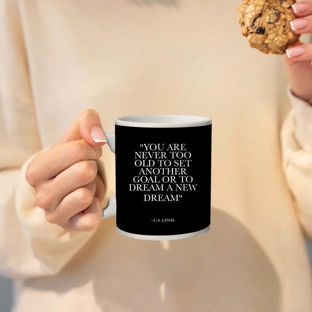 CS Lewis Dream Goals Quote Black Background – Mugs