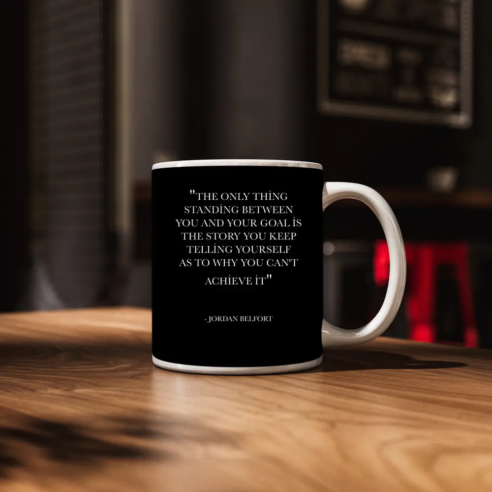 Jordan Belfort Goal Quote Black Background – Mugs