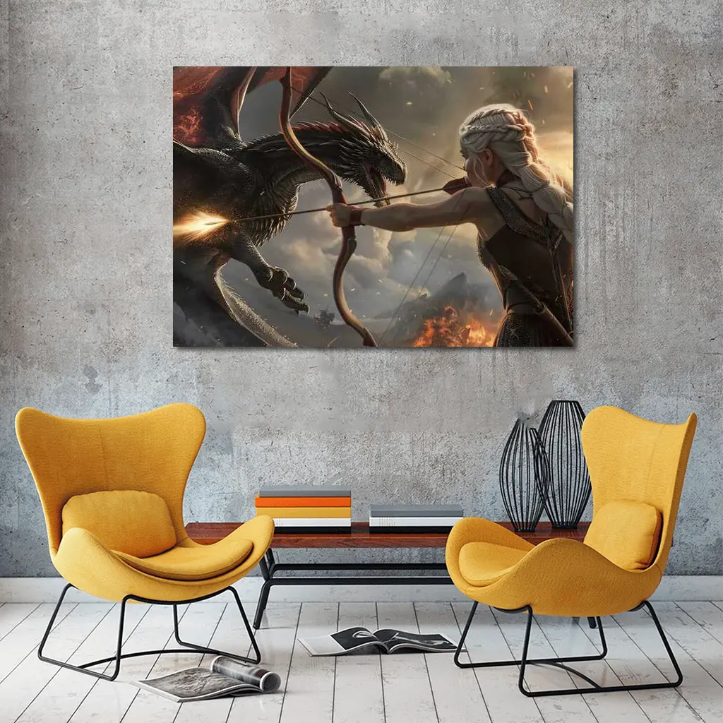 Fantasy Warrior Woman Fighting Dark Dragon – Wall Art