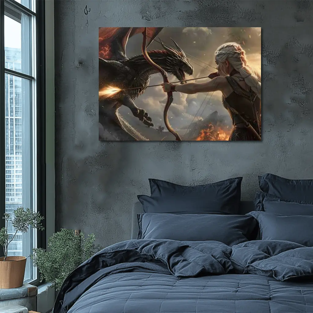 Fantasy Warrior Woman Fighting Dark Dragon – Wall Art