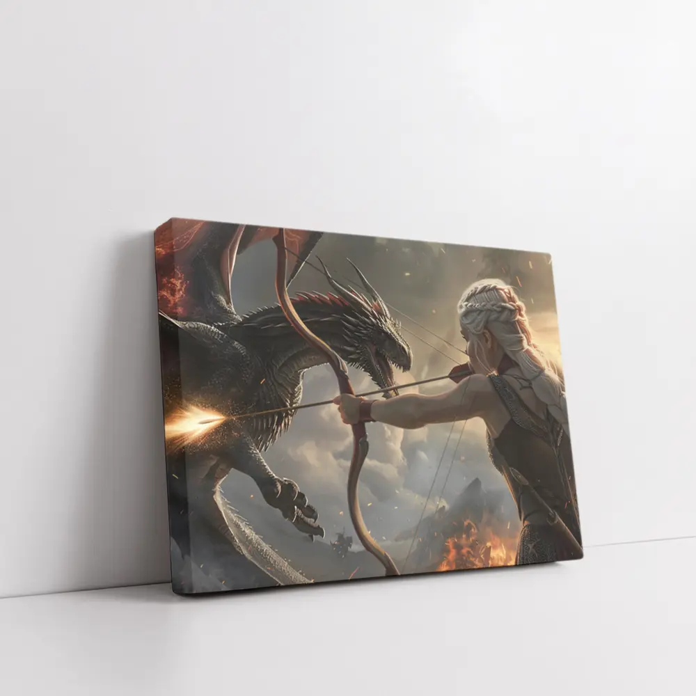 Fantasy Warrior Woman Fighting Dark Dragon – Wall Art