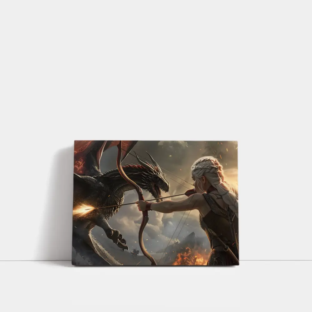Fantasy Warrior Woman Fighting Dark Dragon – Wall Art