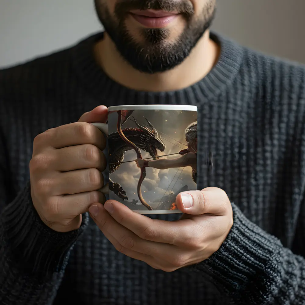 Fantasy Warrior Woman Fighting Dark Dragon – Mugs
