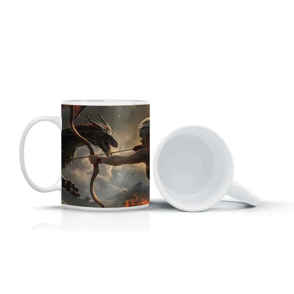 Fantasy Warrior Woman Fighting Dark Dragon – Mugs