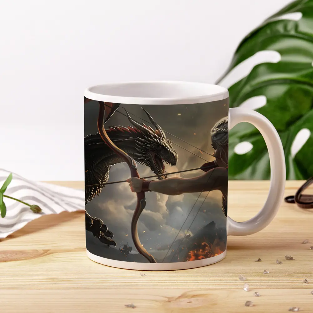Fantasy Warrior Woman Fighting Dark Dragon – Mugs