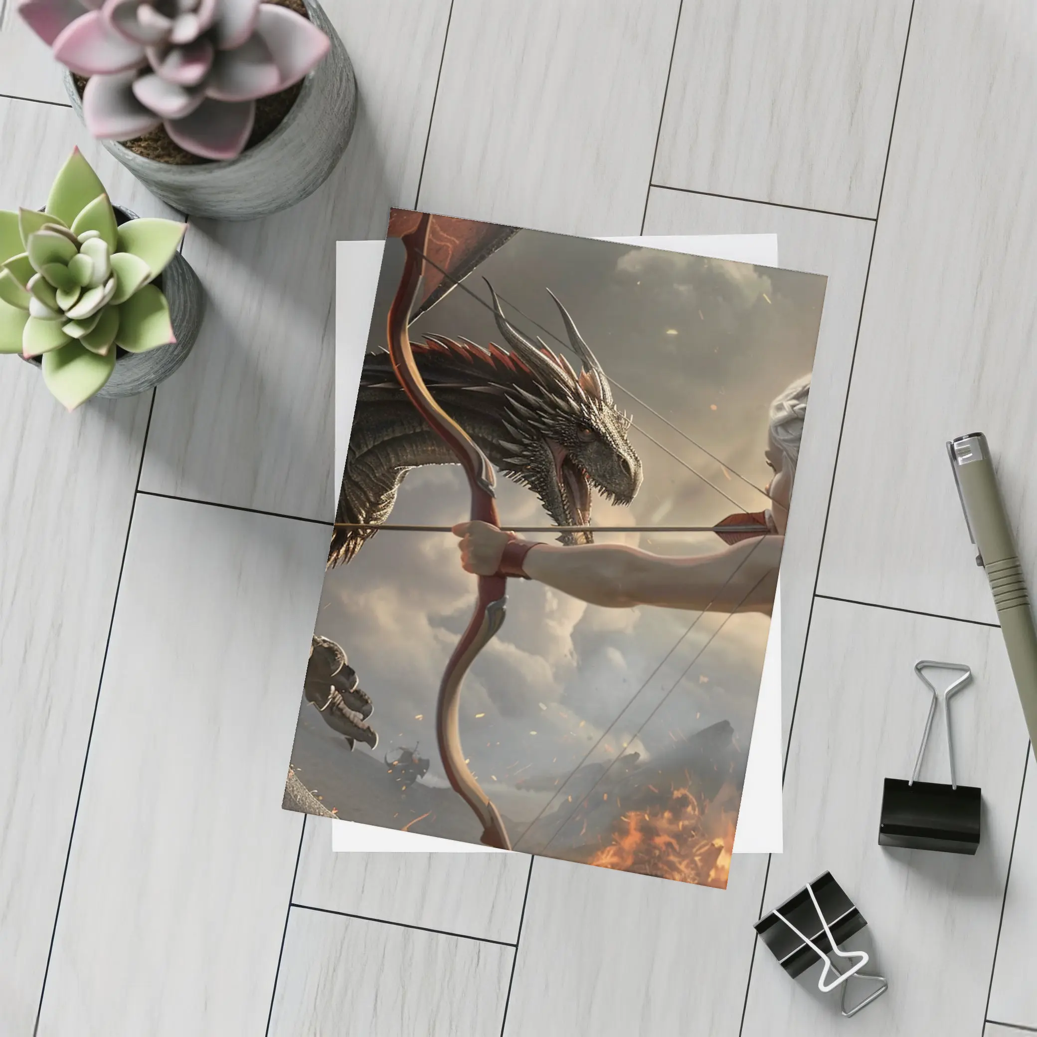 Fantasy Warrior Woman Fighting Dark Dragon – Postcards