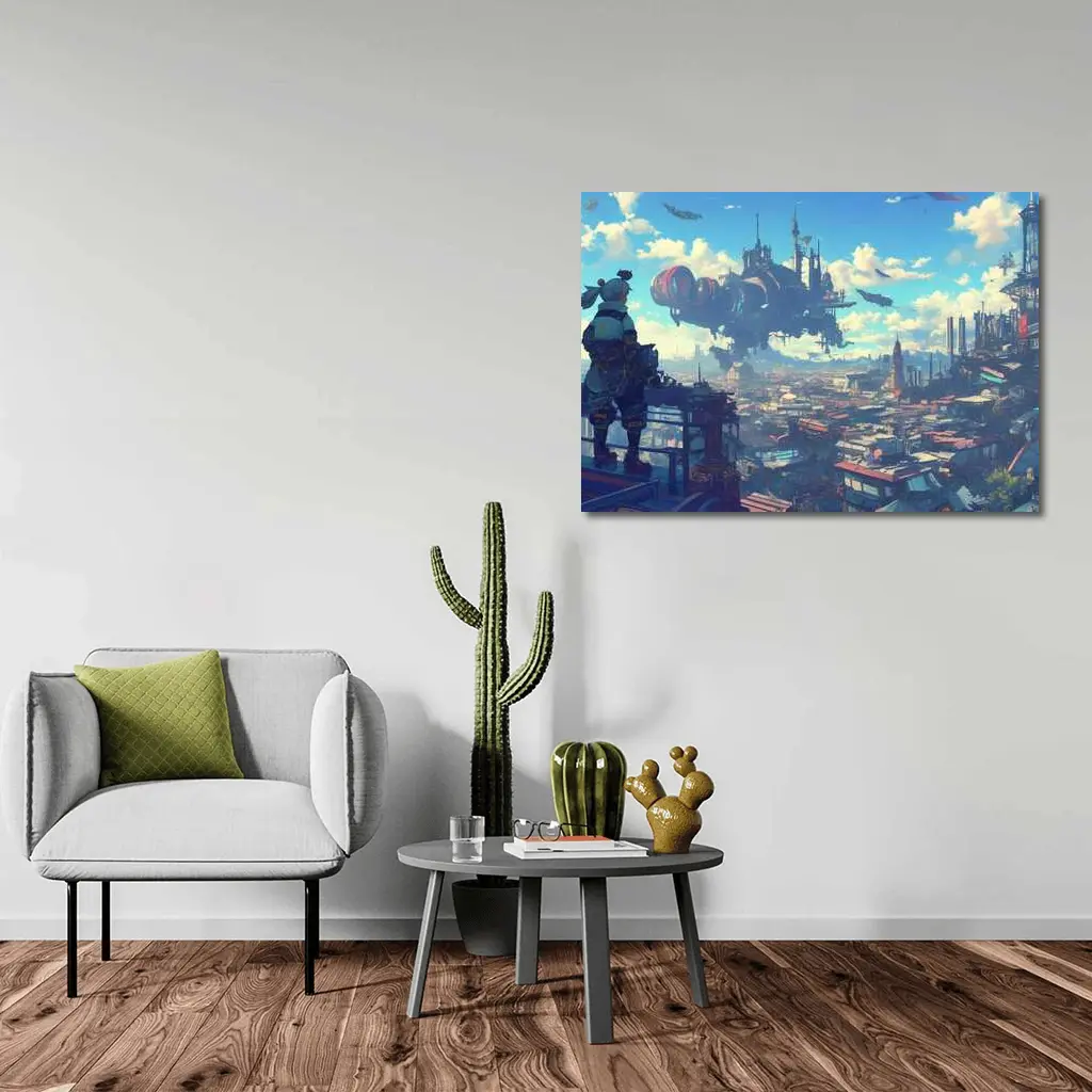 Anime Girl Overlooking Futuristic Flying City – Wall Art
