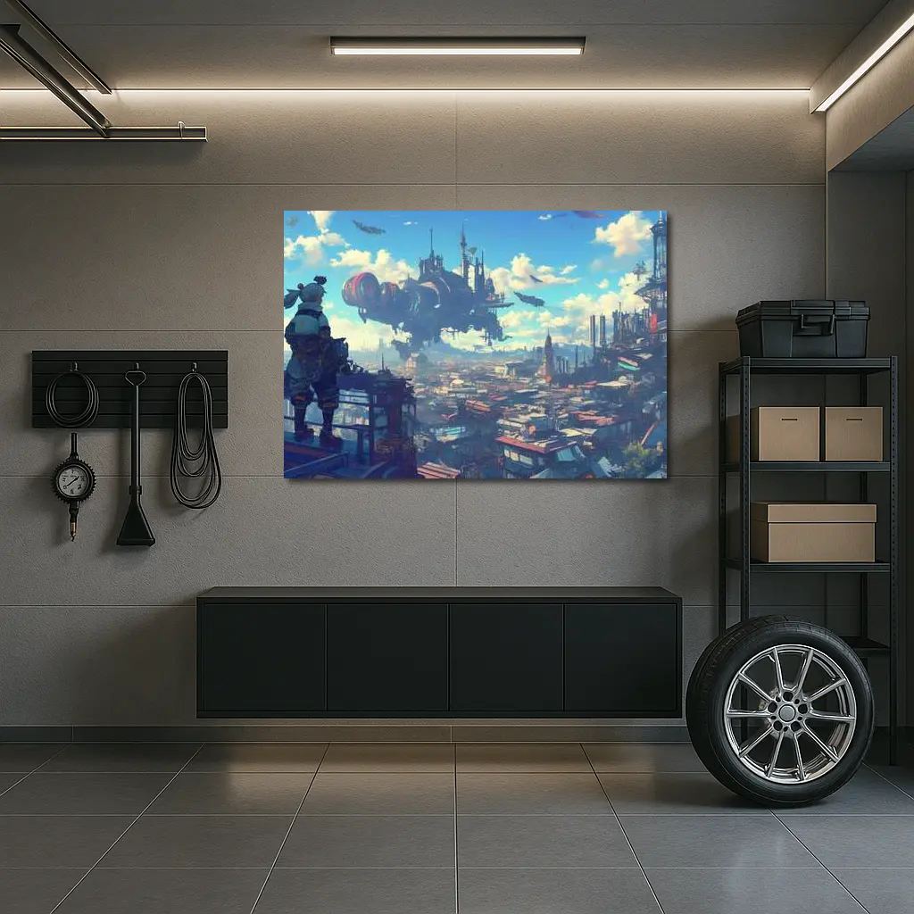 Anime Girl Overlooking Futuristic Flying City – Wall Art