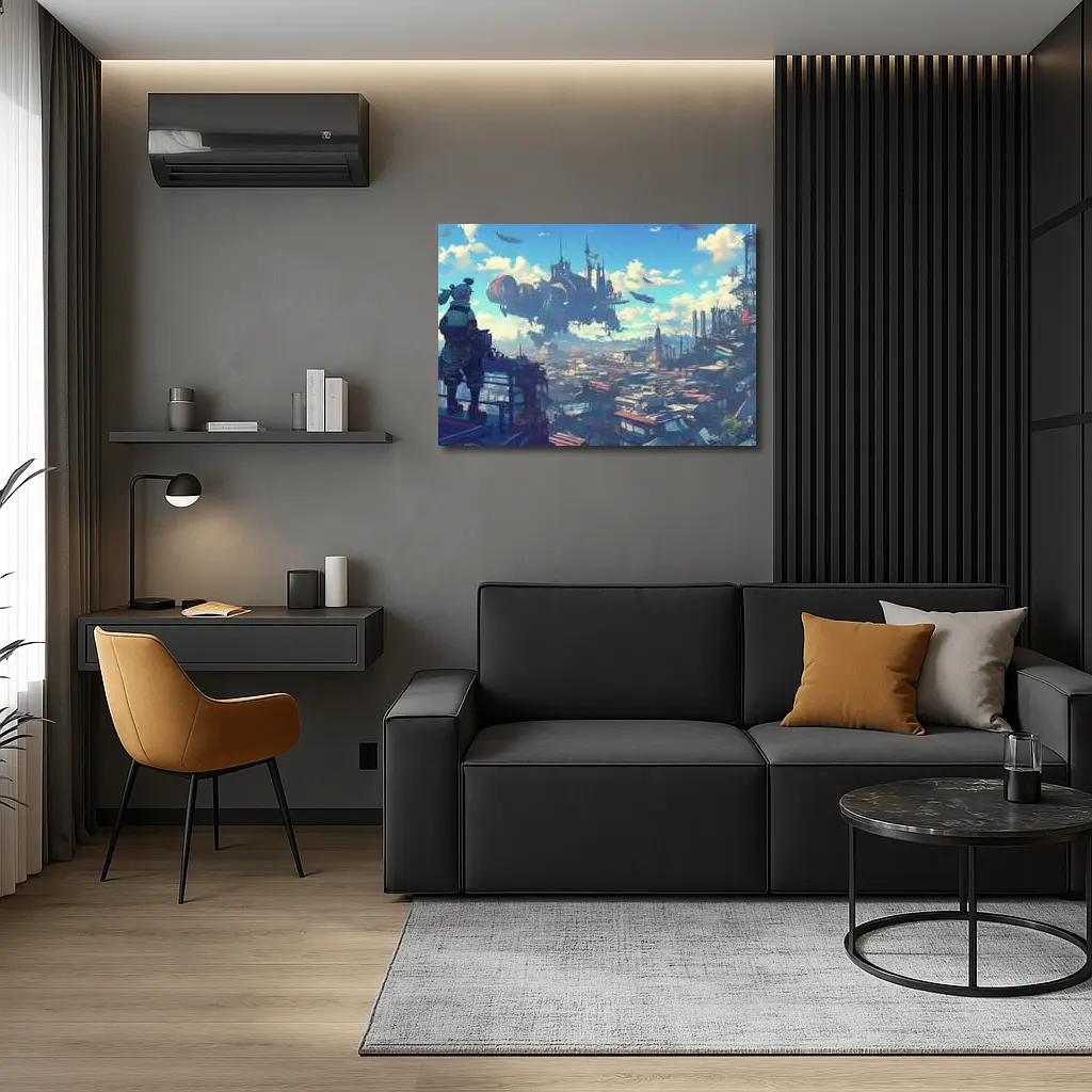 Anime Girl Overlooking Futuristic Flying City – Wall Art