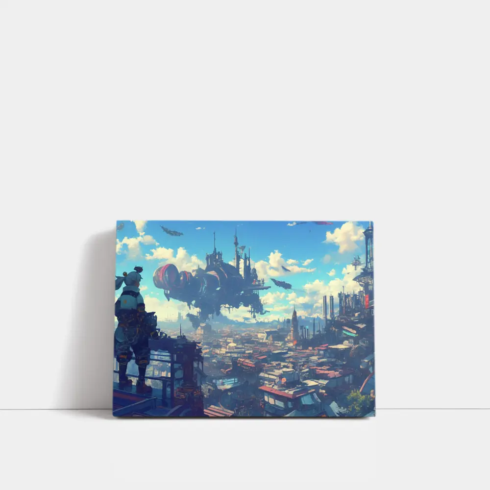 Anime Girl Overlooking Futuristic Flying City – Wall Art