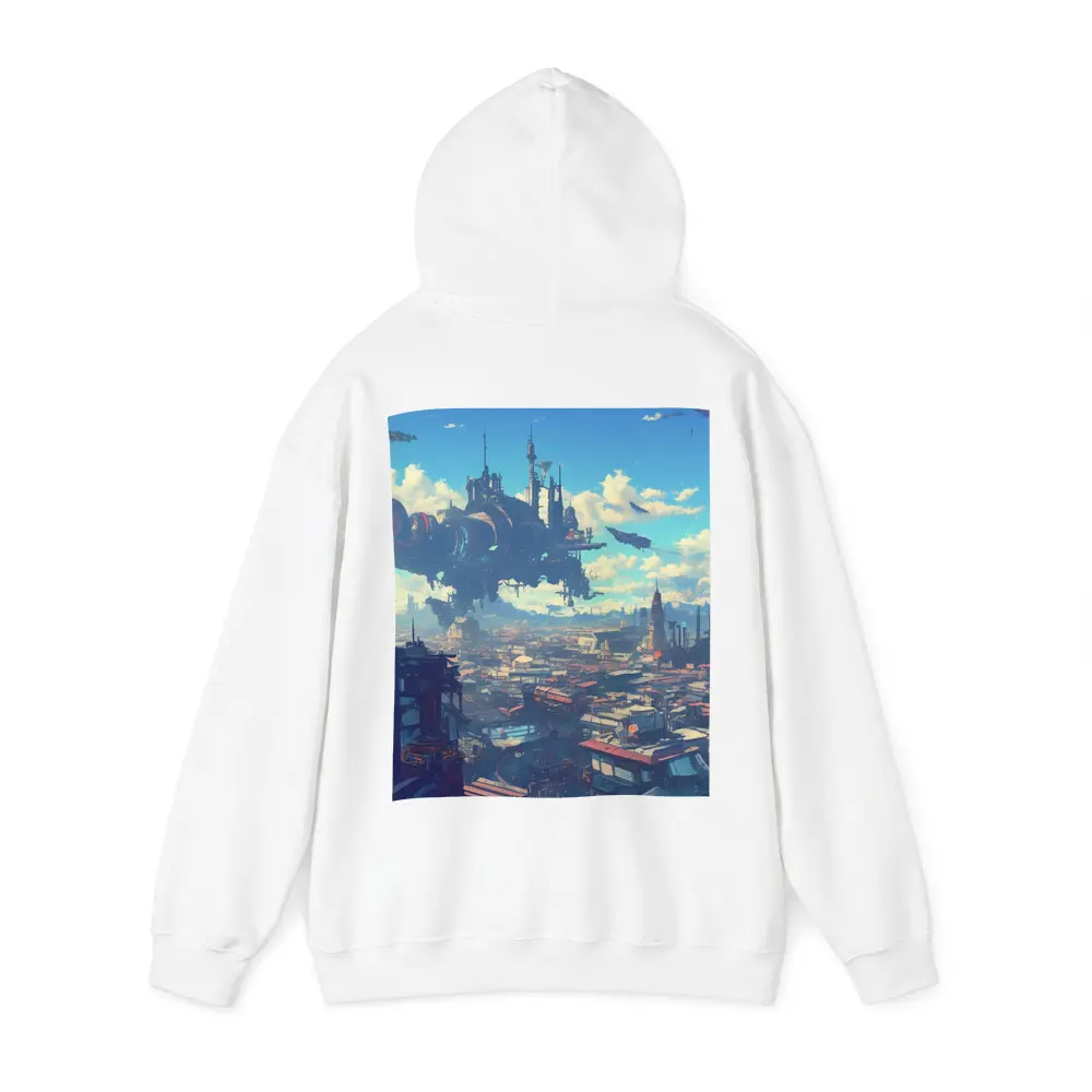 Anime Girl Overlooking Futuristic Flying City – Hoodies