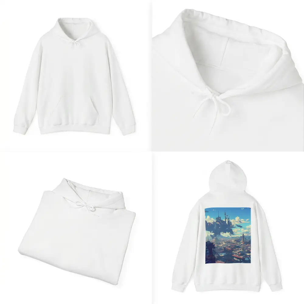 Anime Girl Overlooking Futuristic Flying City – Hoodies