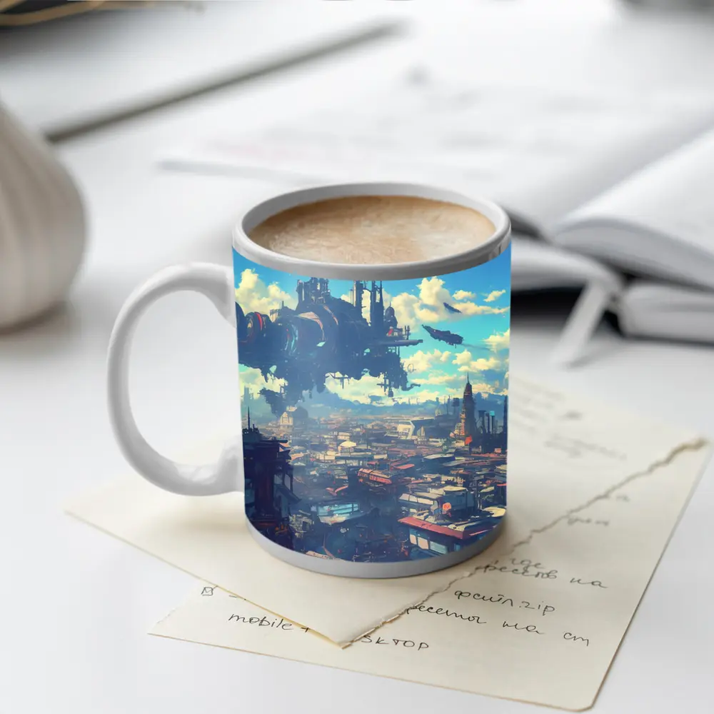 Anime Girl Overlooking Futuristic Flying City – Mugs