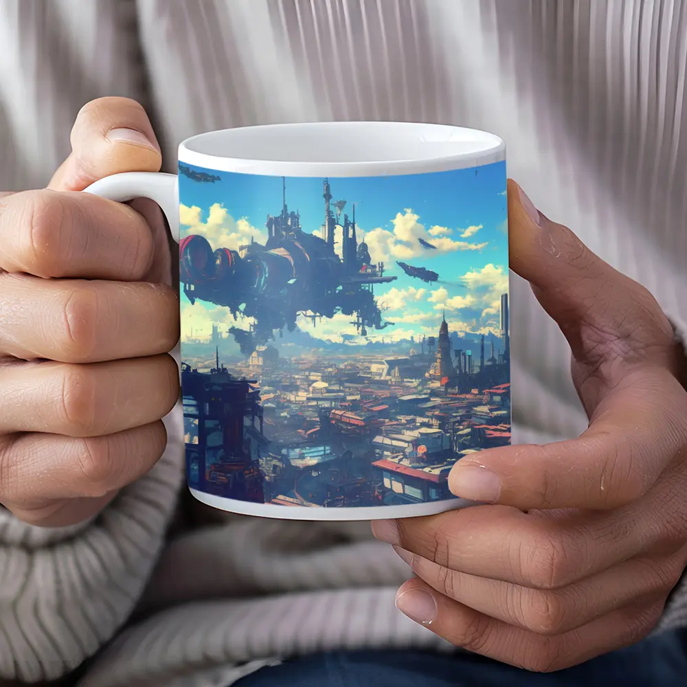 Anime Girl Overlooking Futuristic Flying City – Mugs