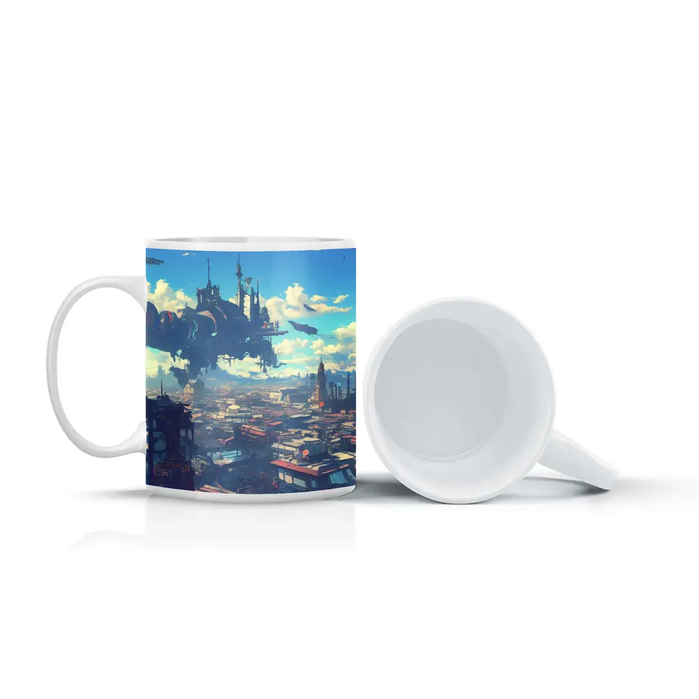 Anime Girl Overlooking Futuristic Flying City – Mugs