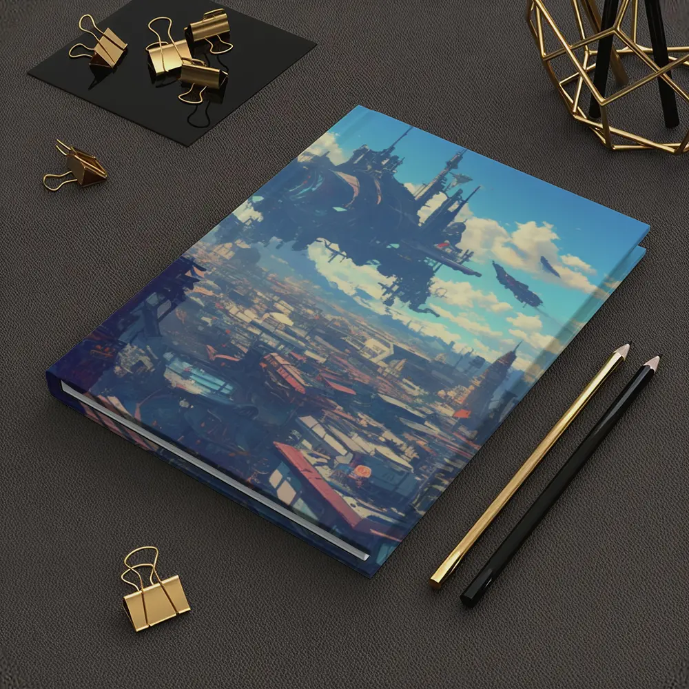 Anime Girl Overlooking Futuristic Flying City – Notebooks