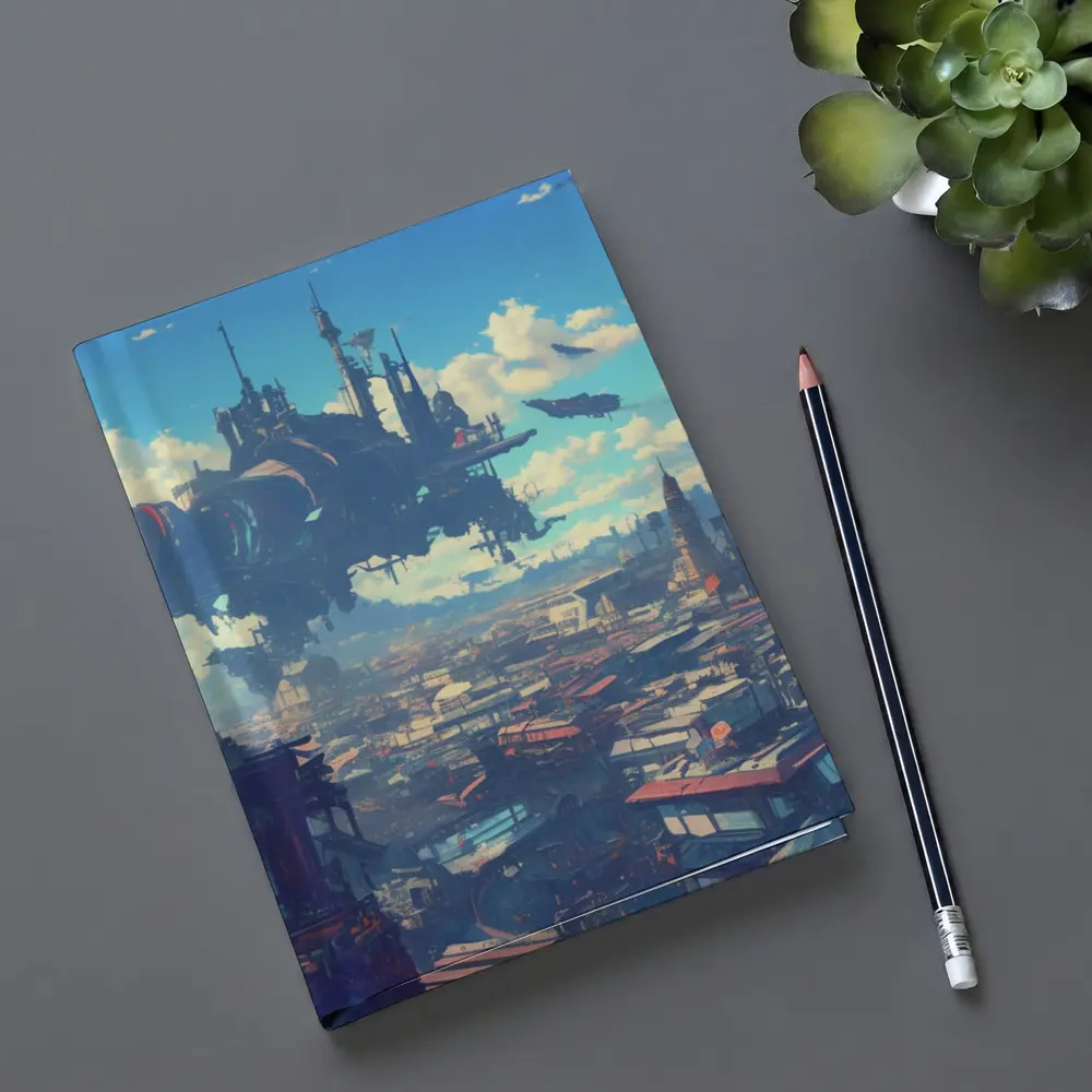Anime Girl Overlooking Futuristic Flying City – Notebooks