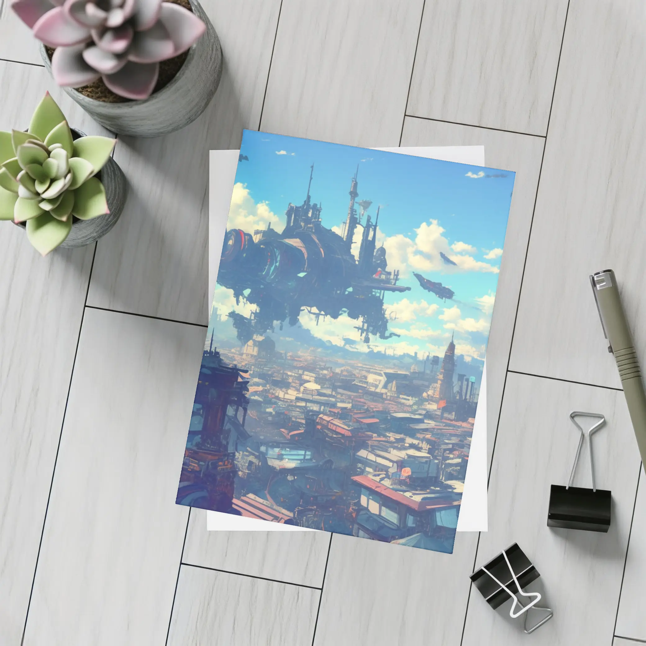 Anime Girl Overlooking Futuristic Flying City – Postcards