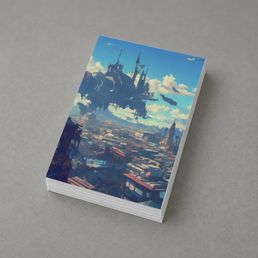 Anime Girl Overlooking Futuristic Flying City – Postcards