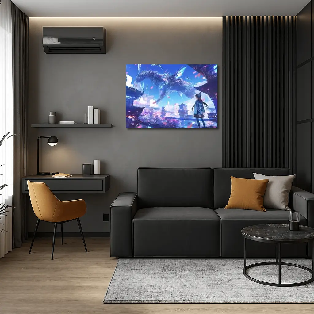 Anime Girl Dragon Fantasy Futuristic City – Wall Art