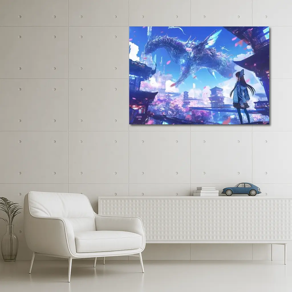 Anime Girl Dragon Fantasy Futuristic City – Wall Art