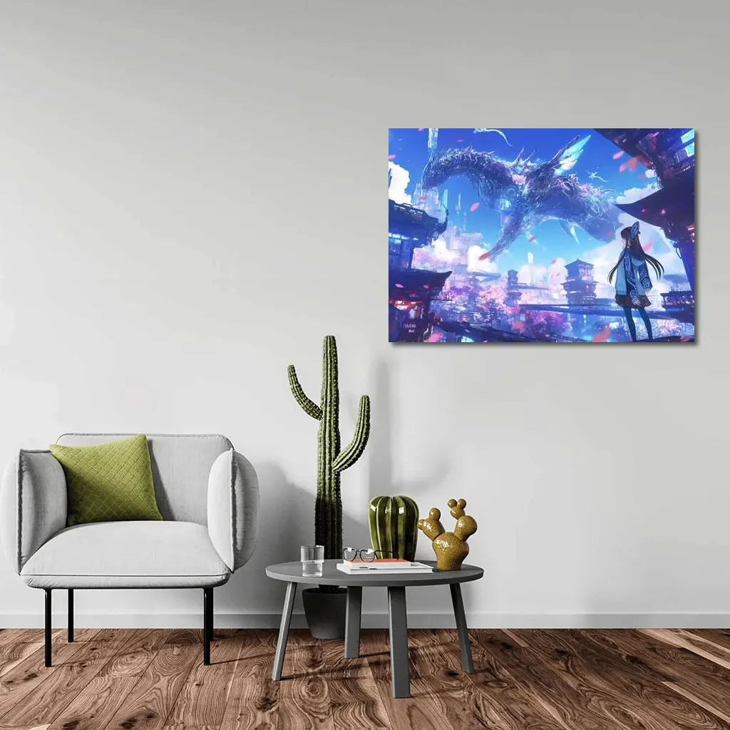 Anime Girl Dragon Fantasy Futuristic City – Wall Art