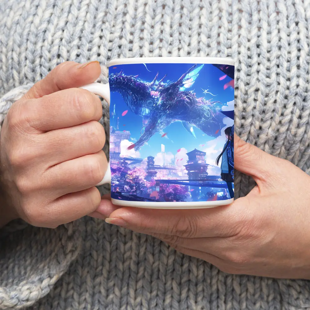 Anime Girl Dragon Fantasy Futuristic City – Mugs