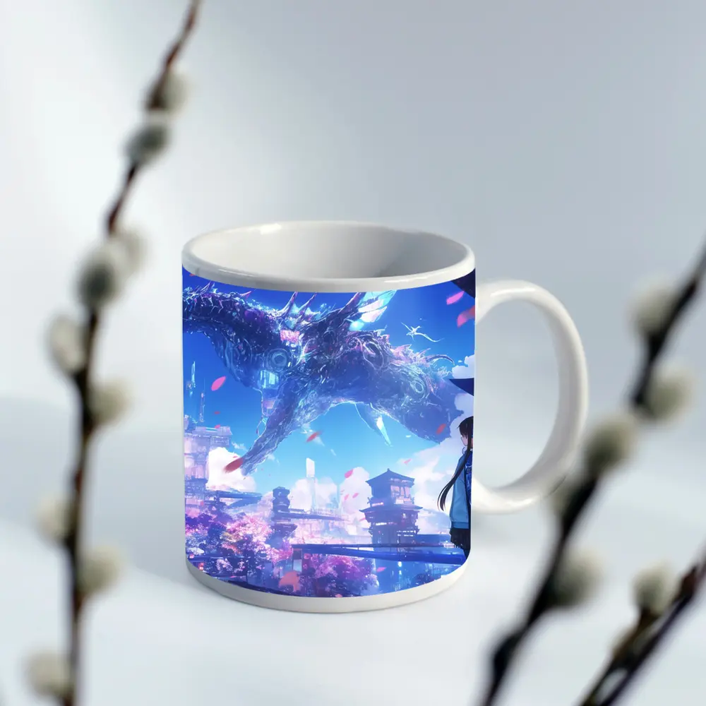 Anime Girl Dragon Fantasy Futuristic City – Mugs