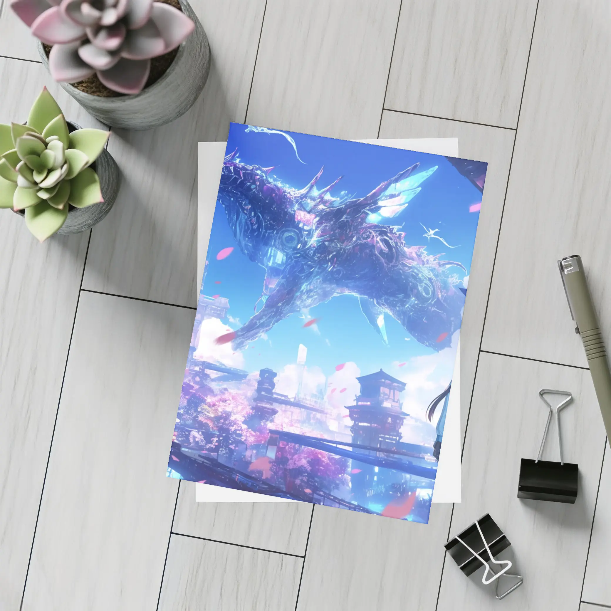 Anime Girl Dragon Fantasy Futuristic City – Postcards