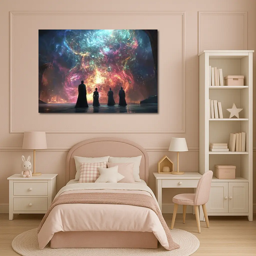 Figures Before Cosmic Nebula Fantasy Scene – Wall Art