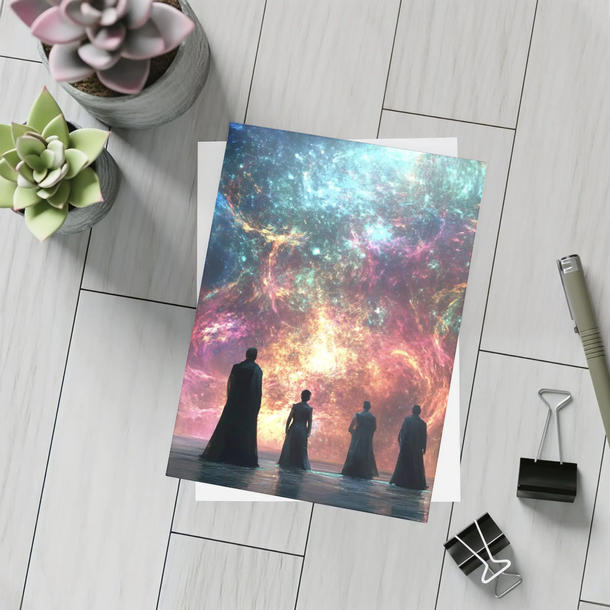 Figures Before Cosmic Nebula Fantasy Scene – Postcards